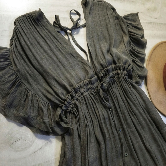 New Boho Flowy Gauze Cover Up Maxi Dress Button Front Muted Olive Green - Picture 4 of 12